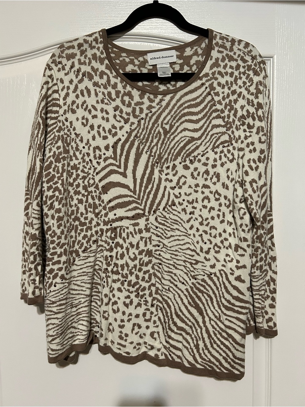 Alfred Dunner Cream & Brown Animal-Print Long Sleeve Knit Top